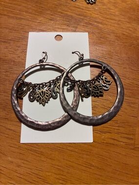 Boho Hammered Hoop Earrings with Dangle Charms - Copper Tone